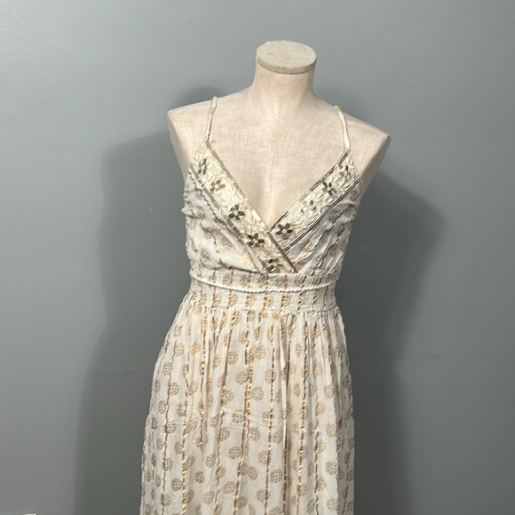 Me 2 Magic Cream over Gold Print V-neck Ruched Back Layered Skirt Maxi Dress M - Picture 3 of 17